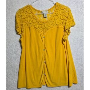 Emma & Olive Mustard Yellow Lace Yoke Rhinestone Button Top XL